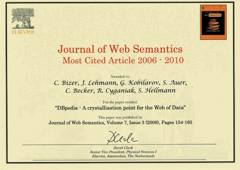 Semantic Web Journal 10 Year Best Paper Award 2022 Prof. Dr. Jens Lehmann